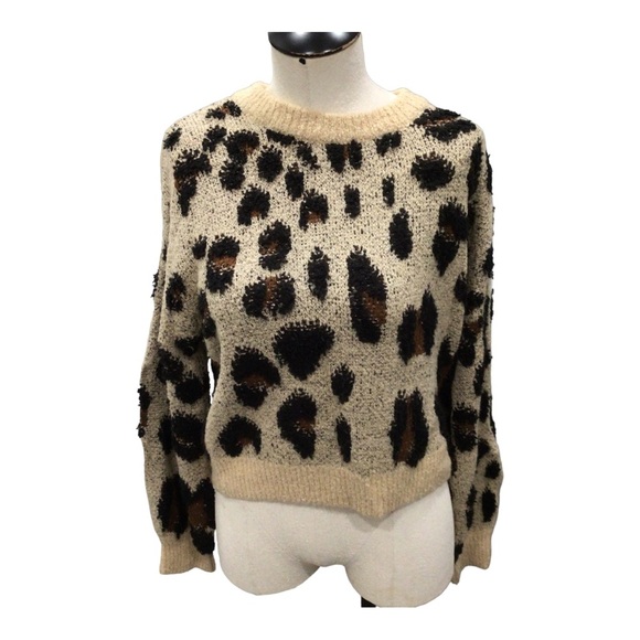 Bardot Womens Tan Short Leopard Print Top Crop Sweater Shirt Small - Picture 7 of 8